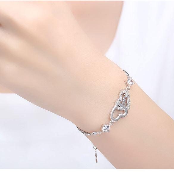 925 Sterling Silver Diamante Bracelet Double Heart Bracelet BGSuperDeals White 
