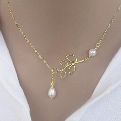 Pearls Of Joy Lariat Necklace In White Gold And Yellow Gold Plating necklace BGSuperDeals 2 PEARL LARIAT YELLOW GOLD 