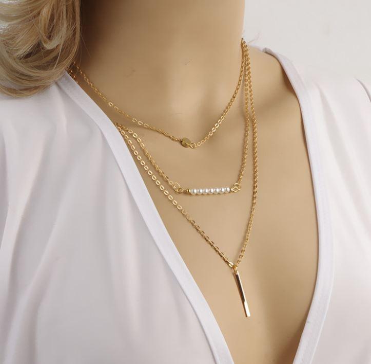 Double-layer Triangle Necklace Multi-layer Clavicle Chain Necklaces BGSuperDeals Pearl necklace 