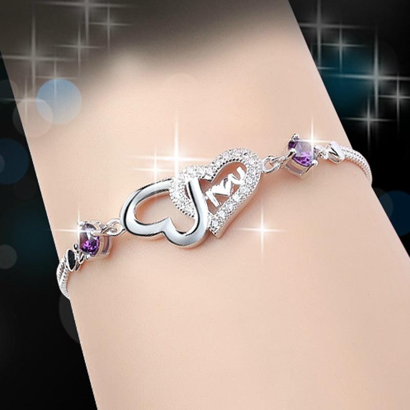 925 Sterling Silver Diamante Bracelet Double Heart Bracelet BGSuperDeals Purple 