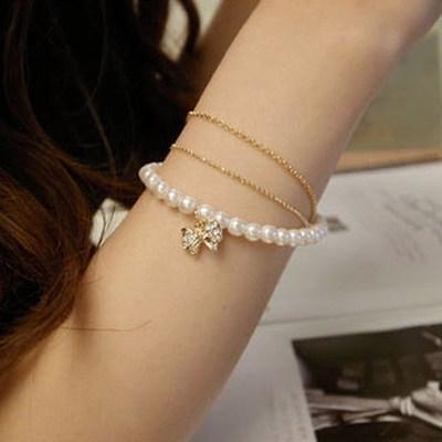 Ladies multilayer pearl bow bracelet Bracelet BGSuperDeals Bowknot Pearl 