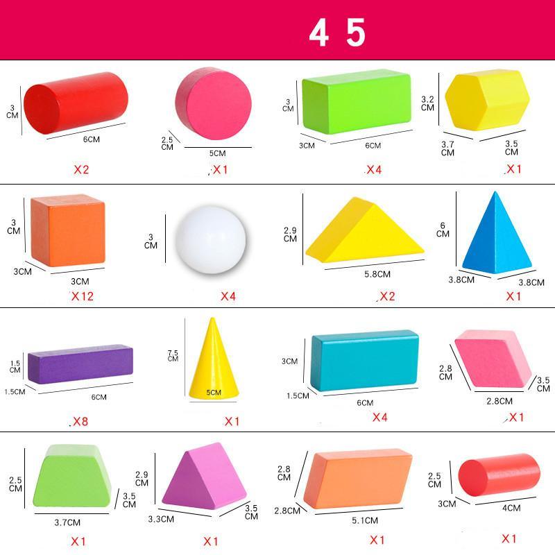 Elementary School Mathematics Teaching Aids Solid Geometric Model kids BGSuperDeals Wood color 45PCS 