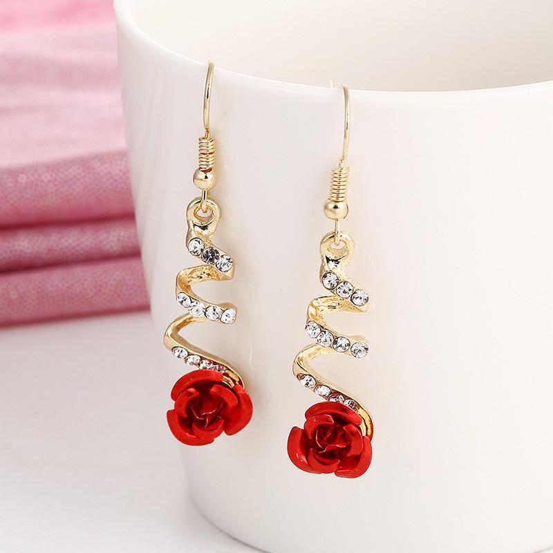 Fashion Jewelry Ethnic Red Rose Drop Earrings Big Rhinestone Earrings Vintage Earrings BGSuperDeals Gold 
