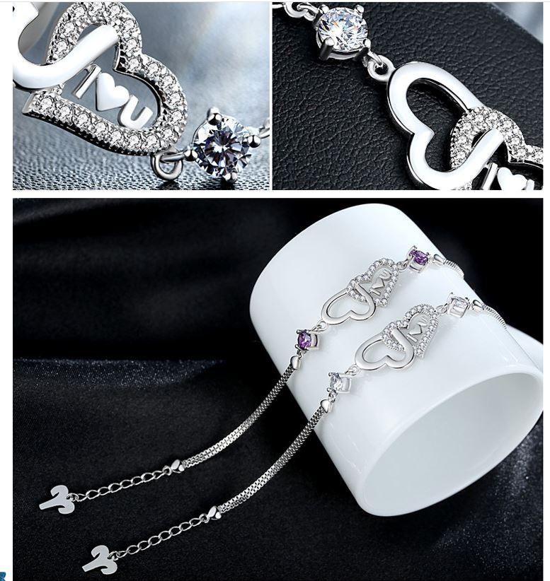925 Sterling Silver Diamante Bracelet Double Heart Bracelet BGSuperDeals 