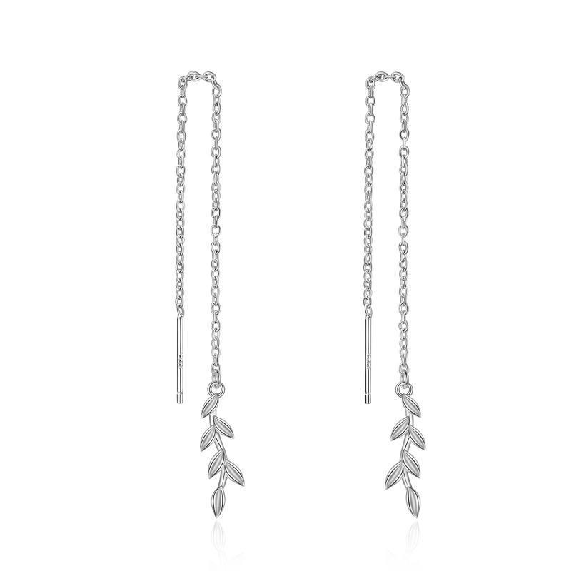 925 Sterling Silver threader Earrings Leaf Long for Women Earrings BGSuperDeals Silver 17.7mm*4.2mm 
