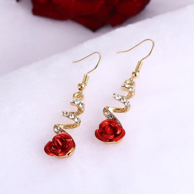 Fashion Jewelry Ethnic Red Rose Drop Earrings Big Rhinestone Earrings Vintage Earrings BGSuperDeals 