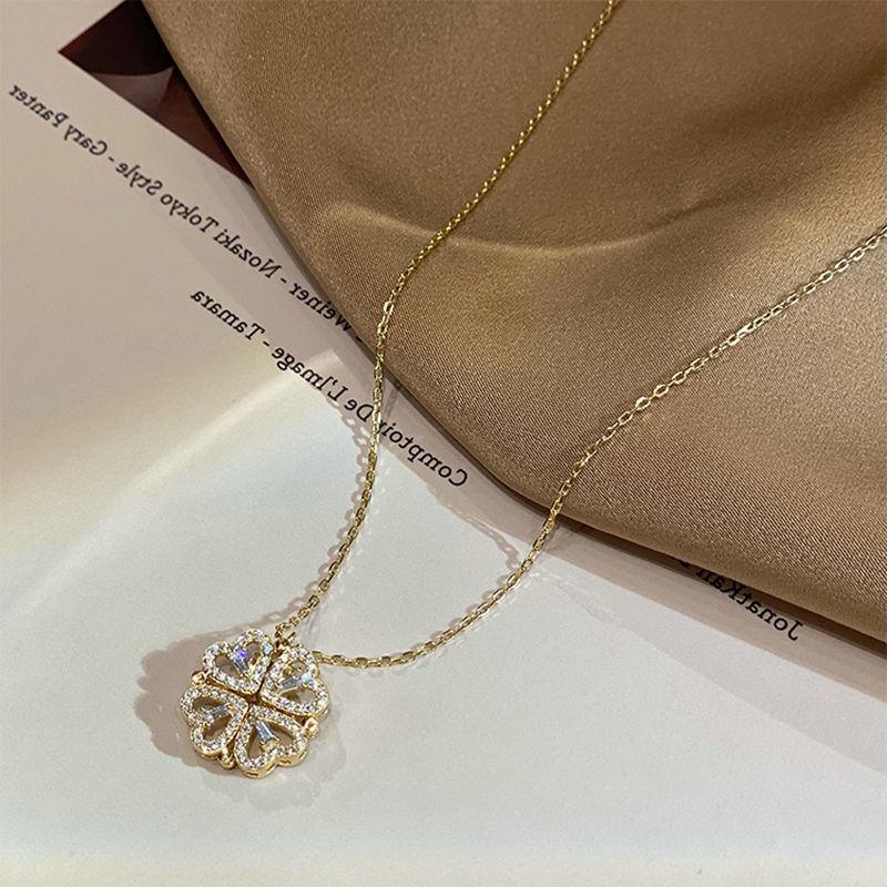 Retro Magnetic Folding Heart Shaped Four Leaf Clover Pendant Necklace Necklaces BGSuperDeals Gold 